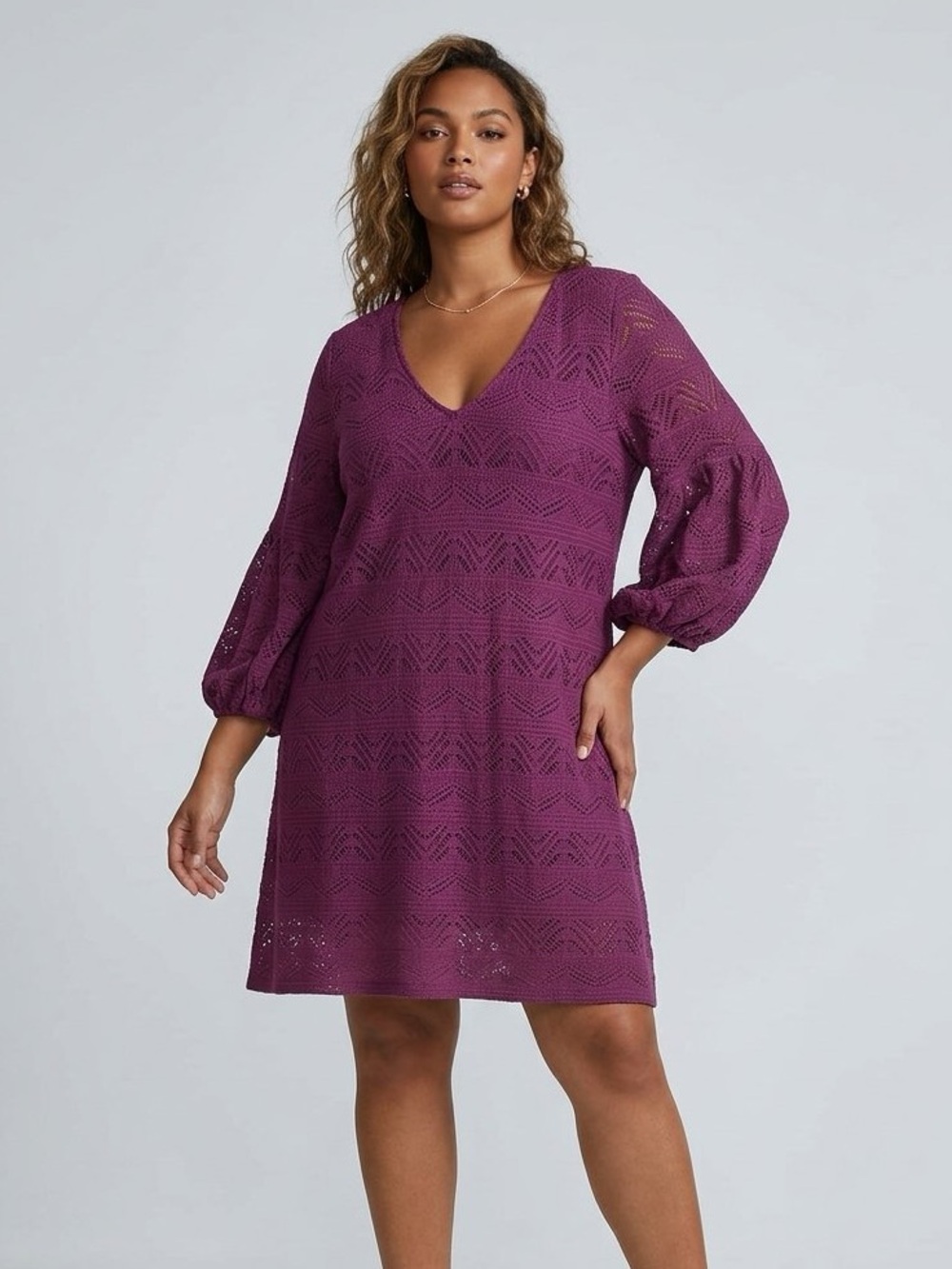 MAEVE Anthropologie Size L Laila Lace Dress Long Sleeve V Neck Magenta Purple
